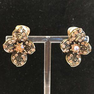 Antique Gold with Amber Crystals signed LDA Clip On Earrings